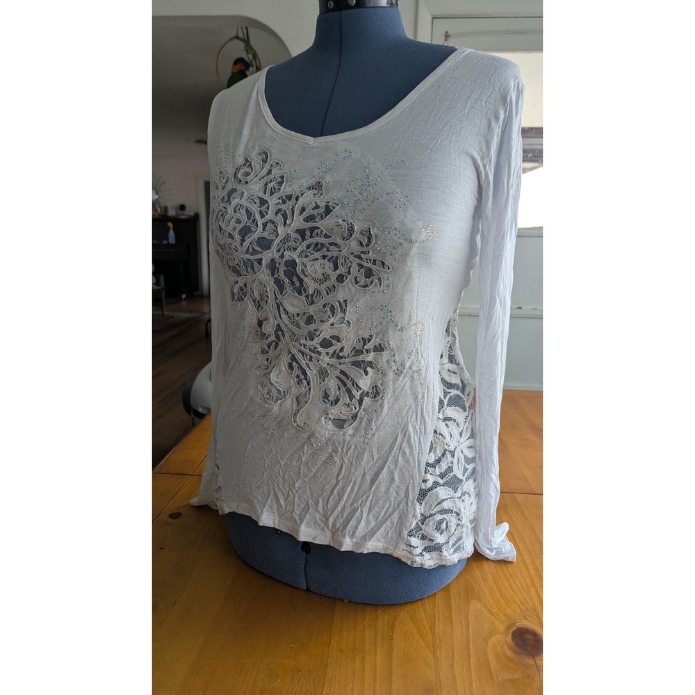 Daytrip White Lace Long Sleeve Top Rhinestone Embellished Sheer Back Large